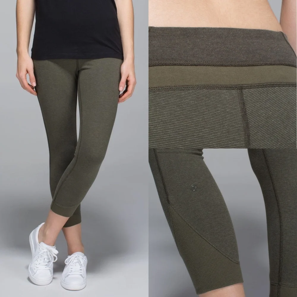 Lululemon Refine Crop Leggings Striped Green Ribbed Workout Pants - Picture 3 of 14